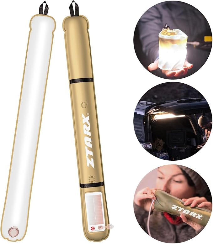 Solar/Type-C Rechargeable Camping Light Bar, IP66 Waterproof LED Tube, TPU Ultralight Electric Light, 2000mAh Foldable Inflatable Outdoor Tent Light for Camping, Hiking, Traveling, Party (Khaki 2 PCS)