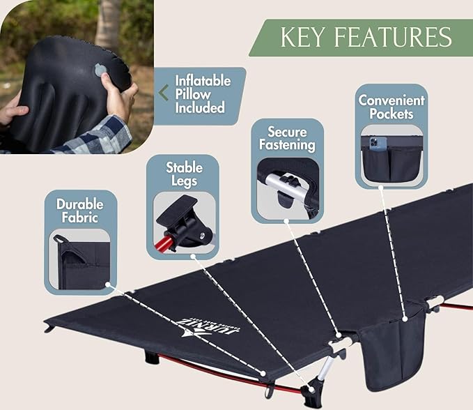 Ultralight Camping Cot with Inflatable Camping Pillow for Adults & Kids; Supports up to 330lbs; 4.85lbs Lightweight Portable Camping Bed for Hiking, Camping & Backpacking with Carry Bag (Black)
