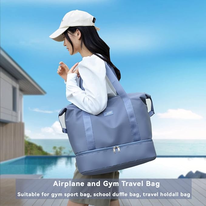 Large Travel Duffel Bag with Shoe Compartment, Gym Tote Carry on Bags for women, Lightweight Duffel Bags with Trolley Sleeve fit for Travel and Sport(Blue)