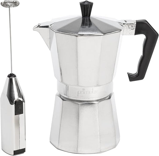 Primula Stovetop Espresso Maker and Handheld Electric Milk Frother Gift Set, Moka Pot for Classic Italian and Cuban Coffee, Cafetera, 6 Espresso Cups, Silver