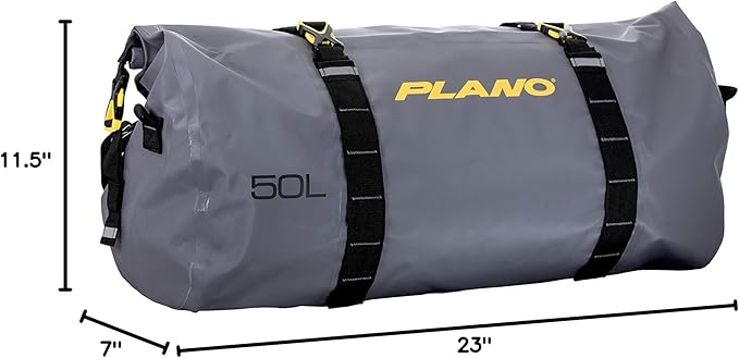 Plano Z-Series Roll-Top Waterproof Duffel with Backpack Straps, Gray with Yellow Accents, 500D PVC Fabric Fishing Dry Bag, Soft Fishing Duffel Bag Storage