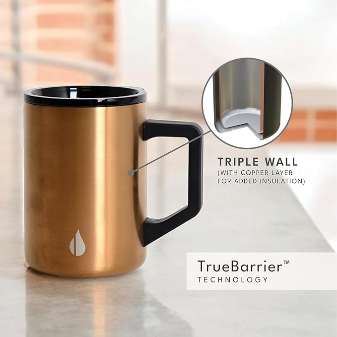 Elemental Insulated Coffee Mug - Triple-Wall Stainless Steel Summit Travel Cup for Hot and Cold Drinks - Thermal Coffee Mug with Lid and Handle for Camping, Office & Travel 16oz - Copper