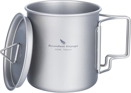 iBasingo 420ml Titanium Mug with Lid Tea Coffee Water Cup Outdoor Camping Pot Ultra-light Portable Hiking Backpacking Cooking Kit Picnic Tableware Drinkware with Foldable Handle Ti3025D