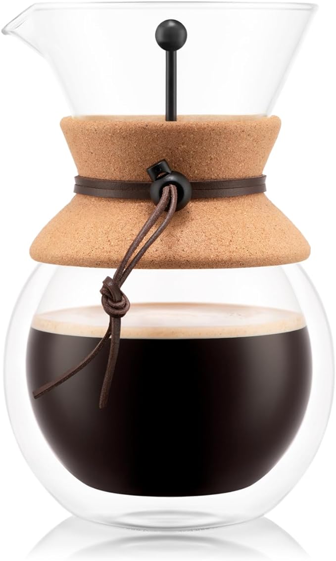 Bodum 34oz Pour Over Coffee Maker, High-Heat Borosilicate Glass with Reusable Stainless Steel Filter and Double Wall Cork Grip - Made in Portugal