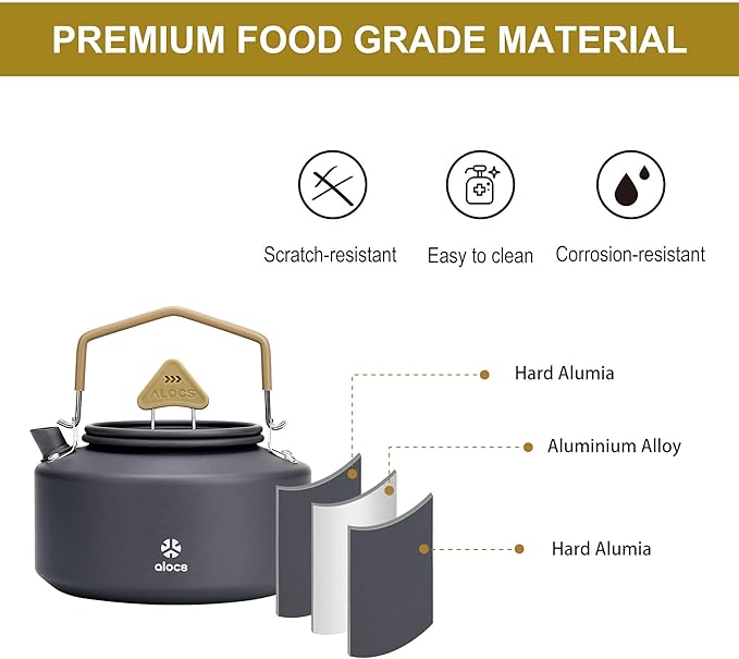 Alocs Camping Kettle - 1L Mini Camp Kettle - Portable Camping Tea Kettle - Lightweight Aluminum Camping Coffee Pot with Carry Bag for Outdoor Hiking Picnic Traveling and Backpacking