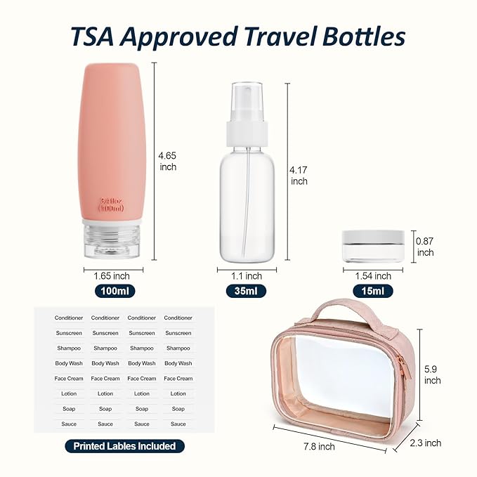 PACKISM TSA Approved Toiletry Bag with Bottles - Travel Essentials 8 Pack Leakproof 3.4oz Silicone Travel Bottles for Toiletries, Shampoo Conditioner Lotion Body Wash BPA Free, Pink