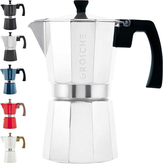 GROSCHE Milano Stovetop Espresso Maker Moka Pot 6 espresso Cup - 9.3 oz, Silver - Cuban Coffee Maker Stove top coffee maker Moka Italian espresso greca coffee maker brewer percolator