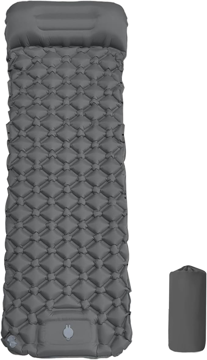 MEI&CO Ultra-Light Inflatable Sleeping Pad with Built-in Pillow & Foot Pump – for Camping, Hiking & Backpacking – Single Pad with Side Buttons for Double Conversion (1, Gray)