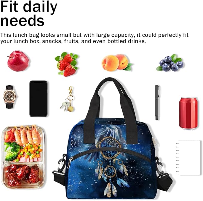 Blue Galaxy Watercolor Dream Catcher Insulated Lunch Bags for Women Men Adult Reusable Lunch Tote Therma Cooler Bag with Shoulder Strap Lunch Box for School Work Office Picnic Meal Prep Bag