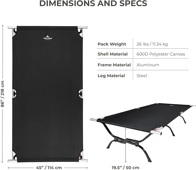Teton Camping Cot with Patented Pivot Arm, Folding Camping Cot, Durable Heavy Duty Canvas, Comfortable Sleeping Bed for Adults, Portable