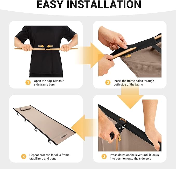 KingCamp Ultralight Camping Cot, Portable Folding Cots 265lbs Heavy Duty Sleeping Bed with Pad Pillow for Adults Outdoor Backpacking Travel Hiking, Khaki