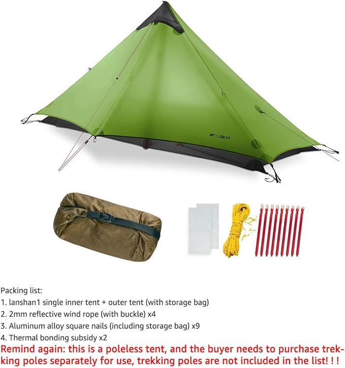3F UL Gear Lanshan1 Ultralight Tent 3/4 Season Portable Backpacking Tent for 1-Person 15D Silicon Coated Waterproof Poleless Double Layer Tent for Camping, Climbing, Hiking