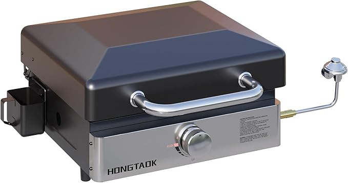 18 Inch Portable Propane Gas Grill with Lid & Stainless Steel Front Plate, Propane Table Top Griddle for Outdoor, Cooking, BBQ, Camping