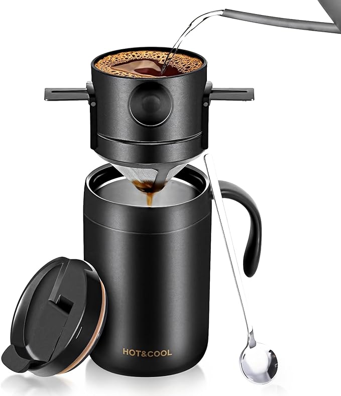 Pour Over Coffee Maker Camping Set, Stainless Steel Quality Design, Includes Filter and Spoon, Ideal for Travel Office and Home Use