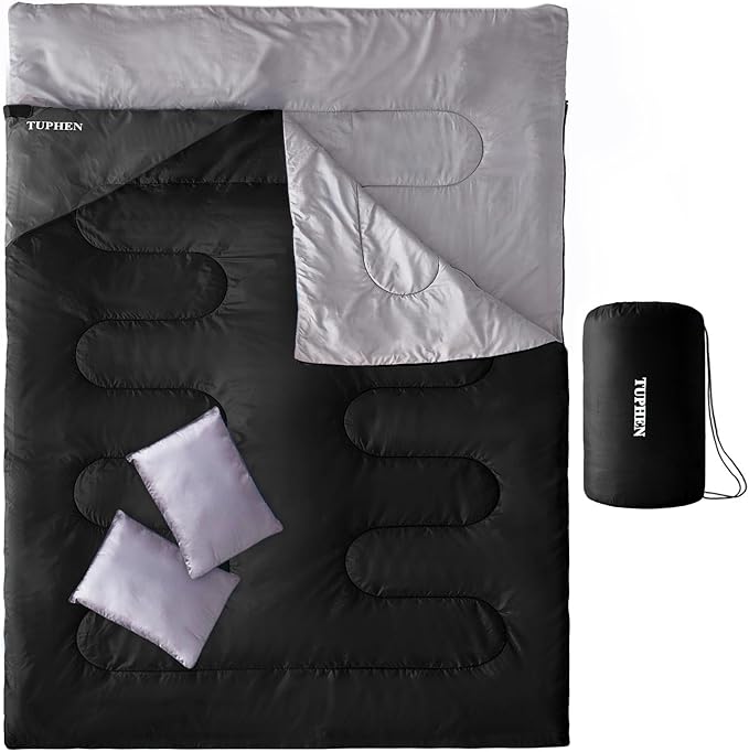 Tuphen Double Sleeping Bag, Sleeping Bag with 2 Pillows, Queen Size XL Bag for 2 People, Cold Warm Weather- 3 Seasons, Waterproof Adults for Camping, Backpacking or Hiking