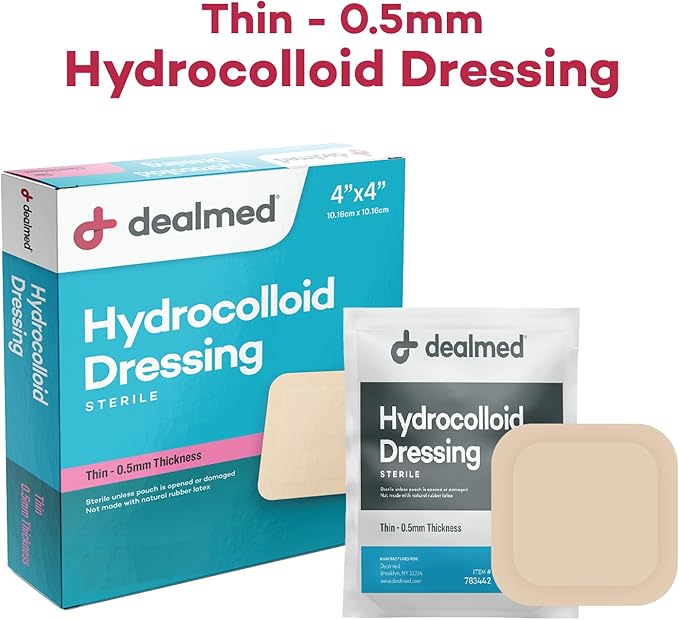 Dealmed Brand Hydrocolloid Dressing 4” x 4” Thin Bandages Wound Care for First Aid Kits Individually Packed (10/Box)