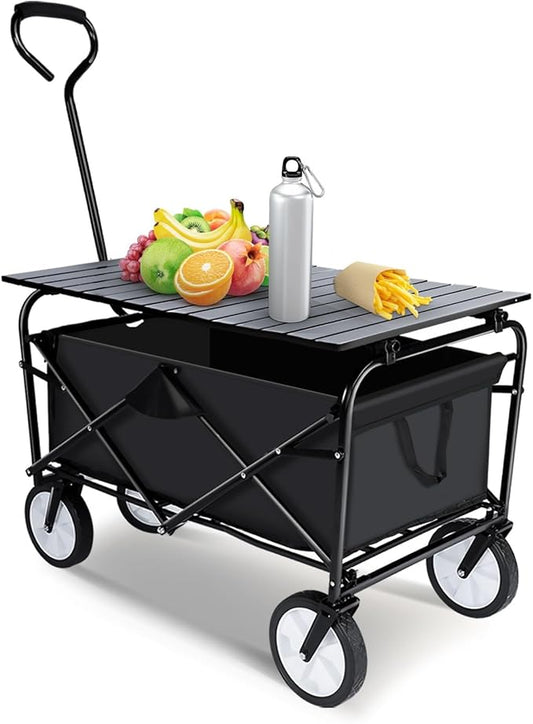 Heavy Duty Portable Folding Wagon and Collapsible Aluminum Alloy Table Combo Utility Outdoor Camping Cart with Universal Anti-slip Wheels & Adjustable Handle along with Metal Board Desktop, Black