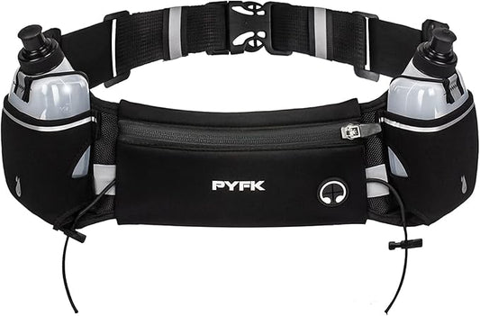 PYFK Upgraded Running Belt with Water Bottles, Hydration Belt for Men and Women, Water Bottle Holder Running Pouch Belt, Fanny Pack Fits 7 inches Phones, Waist pack for Running Hiking Climbing