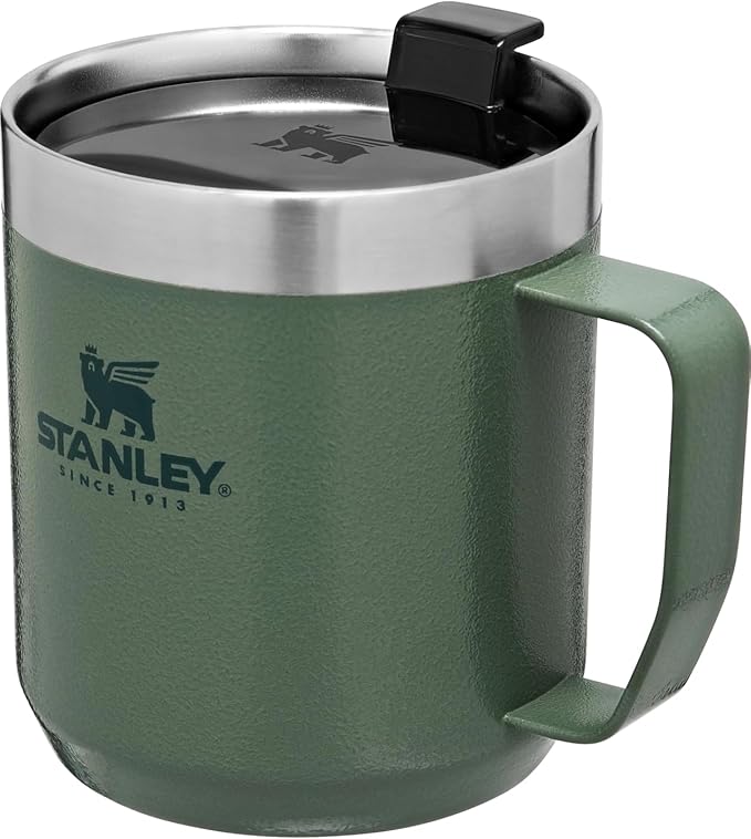 Stanley Stay-Hot Camp Mug 12 oz | Press Fit Drink Through Lid | Cup for Coffee, Tea and Drinks | Insulated Stainless Steel Coffee Mug | BPA-Free | Hammertone Green