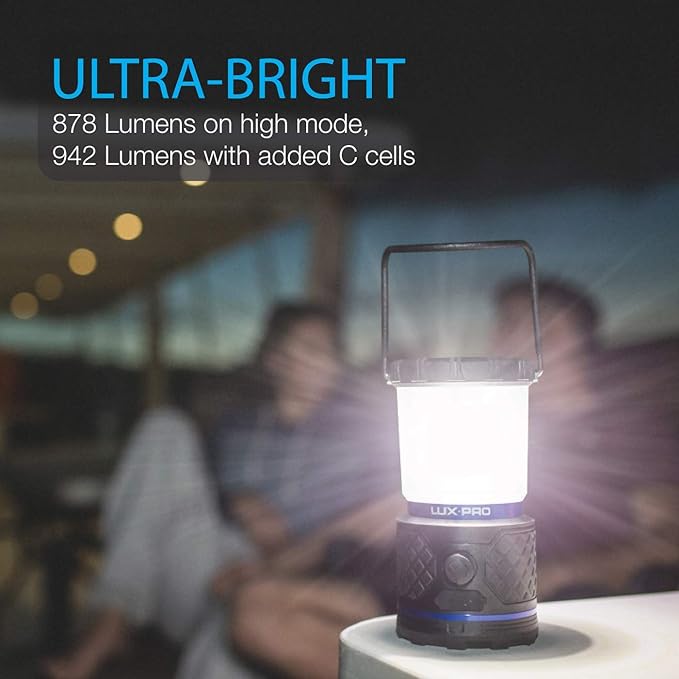 LUXPRO Rechargeable Dual-Power 940 Lumen LED Lantern with Diffused Lens for Up to 155 Hours of Use - Camping Lantern with Built-in Power Bank - Dimmable LED Light with IPX4 Water-Resistant Rating