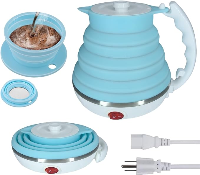 Travel Kettle Electric Foldable, Portable Electric Kettle, Collapsible Kettle Silicone + Paperless Collapsible Coffee Dripper, Travel Pour Over Coffee Maker 1 Cup (Blue)