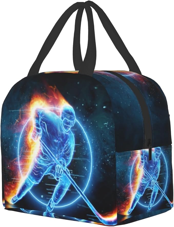 Giwawa Ice Hockey Lunch Bag for Kids Teens Red Fire Player Insulated Lunch Box with Front Pocket Reusable Thermal Cooler Lunch Tote Bag for Girls Boys School Students Men Women Picnic