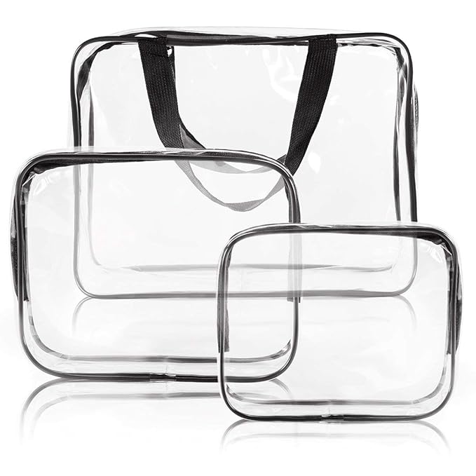 4Pcs Crystal Clear PVC Travel Toiletry Bag Kit for Women Men, Waterproof Vinyl Packing Organizer Storage Bags with Zipper Handle Straps, Cosmetic Pouch Carry on Airport Airline Compliant Bag Handbag