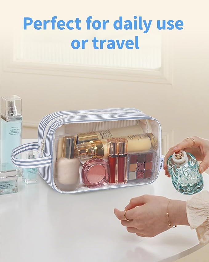 Narwey Striped Clear Makeup Bag Cosmetic Bag with Zipper for Travel, Clear Toiletry Bags for Traveling Toiletries Women Men, Make Up Pouch with Handle, Skincare Bag (Greyish Blue Stripe)