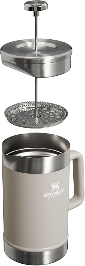 Stanley Classic Stay-Hot French Press Coffee Maker 48 oz | 5 Minute Brew, 4 Hours Hot | Mesh Filter for Coffee Grounds | Insulated Stainless Steel French Press | BPA-Free | Ash.
