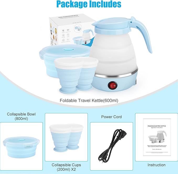 Travel Foldable Electric Kettle, Portable Kettle for Fast Water Boiling Tea Coffee, with 1 Collapsible Bowl and 2 Cups, Food Grade Silicon, 600ML 110V