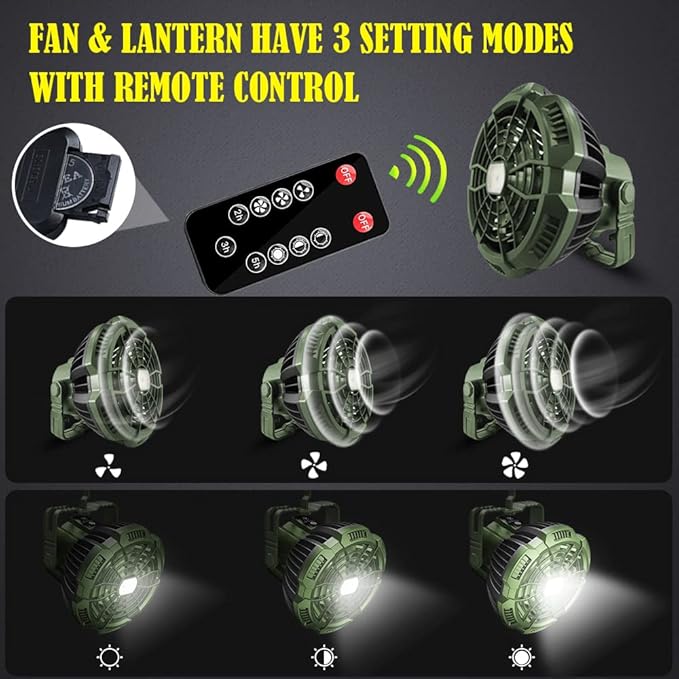 ayamaya Rechargeable Camping Tent Fan with LED Light, Remote Control, 7800mAh Portable Camping Lantern Fan USB Desk Ceilling Fan for Car, Office, Hurricane Emergency Survival