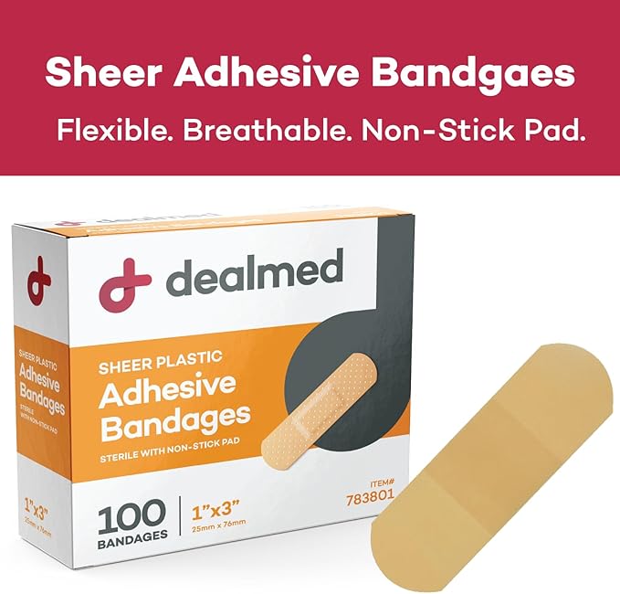 Dealmed Sheer Plastic Flexible Adhesive Bandages – 100 Count (24 Pack) Bandages with Non-Stick Pad, Latex Free, Wound Care for First Aid Kit, 1" x 3"