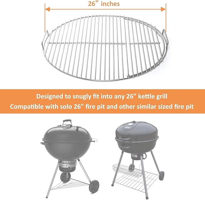 26" Charcoal Cooking Grate for Weber Kettle Charcoal Grill, Stainless Steel Hinged Grid for 2-Zone Cooking, Kettle Grill Charcoal Cooking Grid for Tailgating Backyard, Also Fits Similar Sized Fire Pit