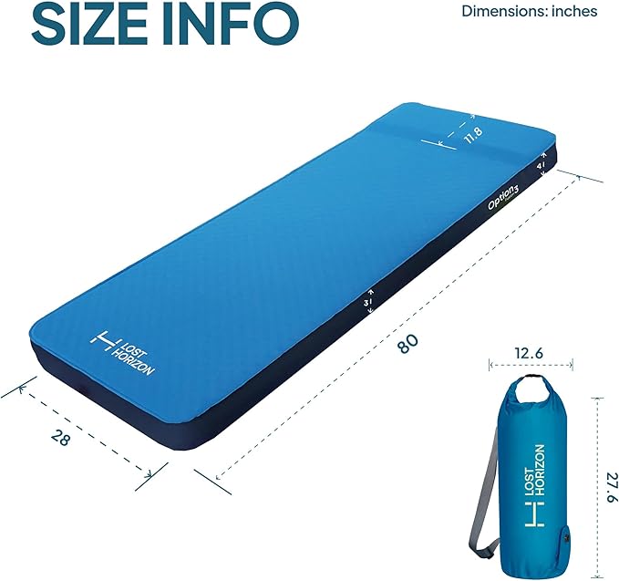 LOSTHORIZON Air & Foam Camping Mattress, Self-Inflating Sleeping Pad, 3" Thick, with Pump Sack, Single