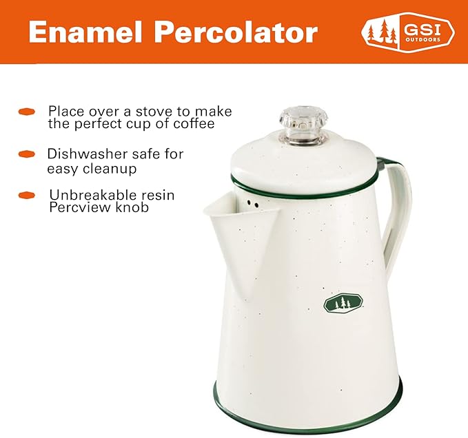 GSI Outdoors Percolator Coffee Pot | Enamelware Campfire Coffee Boiler Kettle for Outdoor Camping Cookware, Cabin, RV, Kitchen, Hunting & Backpacking