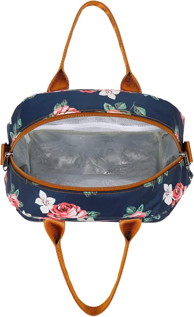 FlowFly Insulated Lunch Bag With Shoulder Strap for Women, Men, and Kids, Large and Reusable, Handle, Freezable Work and School Travel Tote and Meal Prep Organizer,Peony