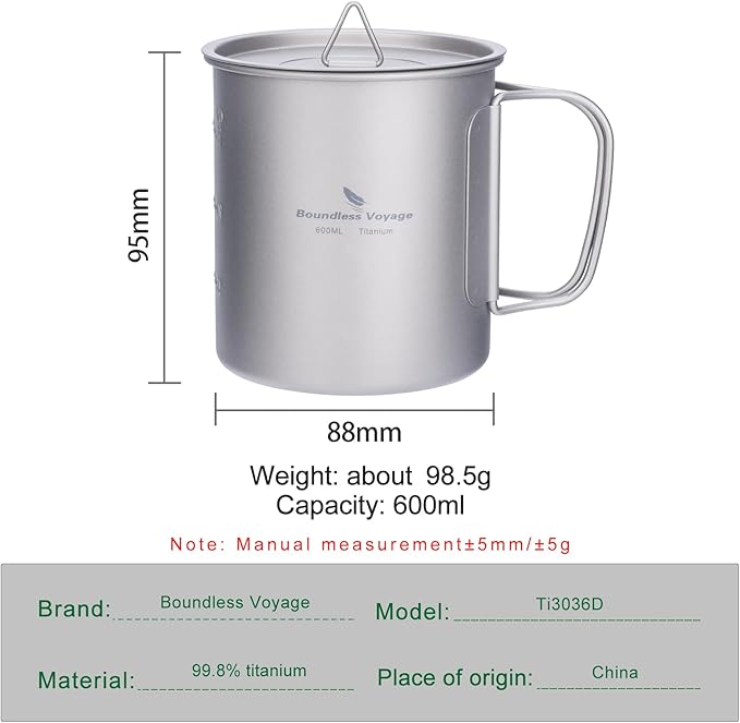 iBasingo 600ml Titanium Mug with Lid Tea Coffee Water Cup Outdoor Camping Pot Ultra-light Portable Hiking Backpacking Cooking Kit Picnic Tableware Drinkware with Foldable Handle Ti3036D