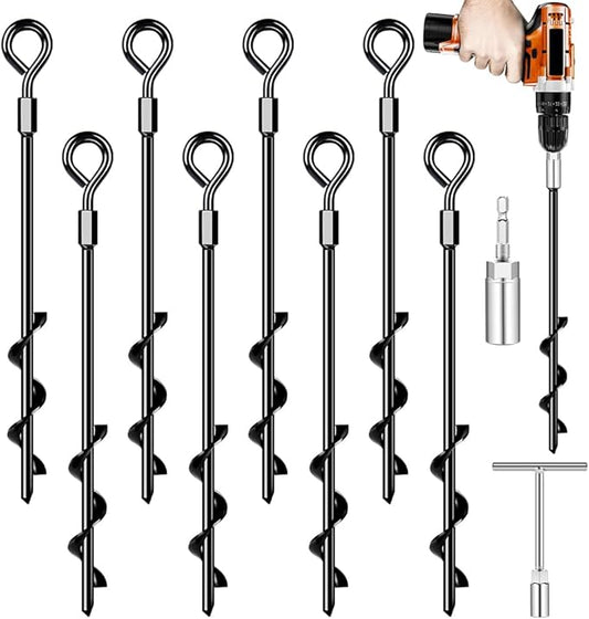 Ground Anchors, Trampoline Anchors Heavy Duty Screw in Ground Anchors 8Pack,Tent Stakes for Camping Tent, Trampoline, Canopies, Carports, Sheds, Swing Sets,14in Ground Anchors for High Winds, Black