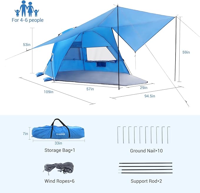 Elegear Beach Tent With 360 Removable Canopy, 4-6 Person Pop Up Sun Shade Shelter, UPF 50+ Automated Installation Double Silver Coating Portable Lightweight Cabana