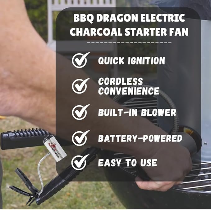 BBQ Dragon Charcoal Fan - Cordless Grill Fan for Camping, Fireplace, and Smokers - Heavy Duty BBQ Air Blower with Adjustable Clamp - Portable Fire Blower for Fireplace and Campfire