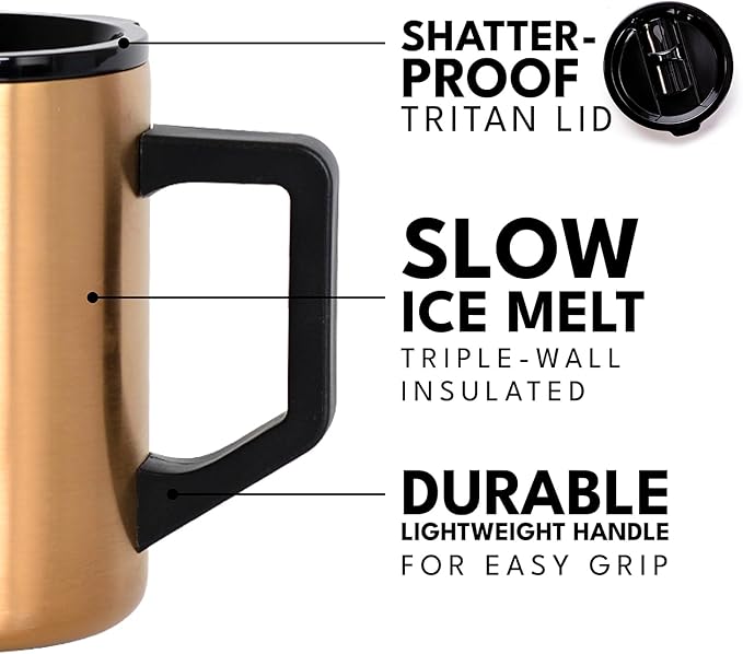 Elemental Insulated Coffee Mug - Triple-Wall Stainless Steel Summit Travel Cup for Hot and Cold Drinks - Thermal Coffee Mug with Lid and Handle for Camping, Office & Travel 16oz - Copper
