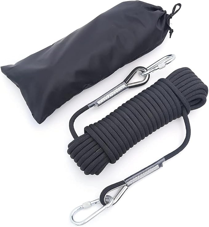 10mm/12mm Climbing Rope, Outdoor Static Rock Climbing Rope, Tree Climbing Rappelling Rope, Escape Nylon Rope, Ice Climbing Equipment Fire Rescue Parachute Rope with 2 Steel Hooks