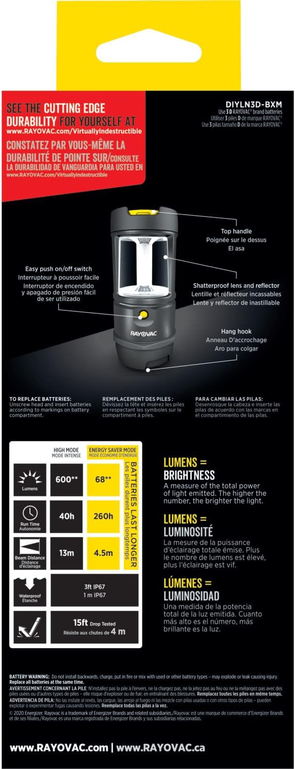 Rayovac - DIYLN3D-BA Virtually Indestructible LED Camping Lantern Flashlight, 600 Lumens Battery Powered LED Lanterns for Hurricane Supplies, Survival Kit, Camping Accessories, IP67 Waterproof