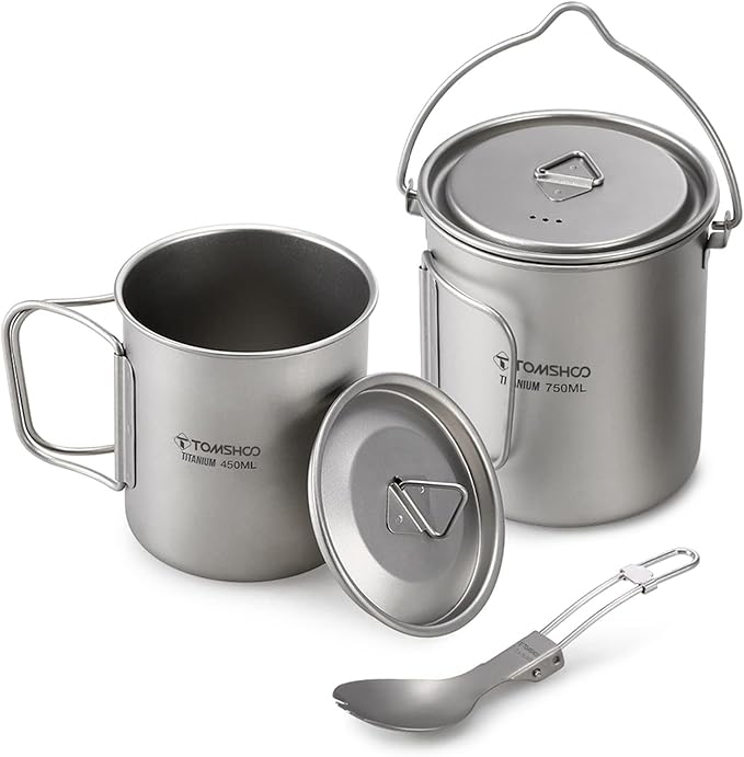 TOMSHOO Titanium Pot with Lid - Camping Mug with Foldable Handle for Hiking, Travelling, Backpacking