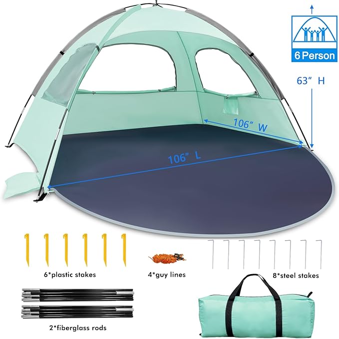 WhiteFang Beach Tent Anti-UV Portable Sun Shade Shelter for 3/4/6/8 Person, Extendable Floor with 3 Ventilating Mesh Windows Plus Carrying Bag, Stakes and Guy Lines