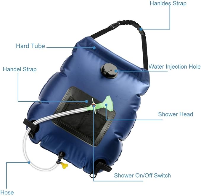 Solar Shower Bag | 5 Gal/20L Solar Heating Camping Shower Bag | Removable Hose | On-Off Switchable Shower Head | Ducha Portatil | Traveling Shower | Portable Shower for Beach Swimming, Hiking