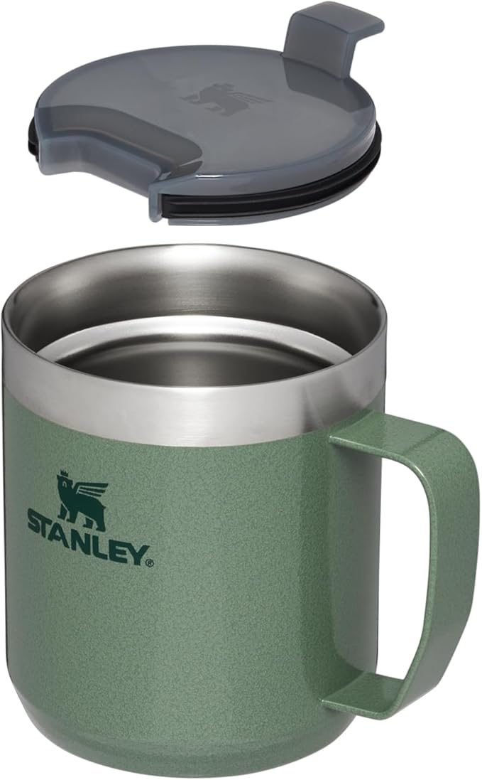 Stanley Stay-Hot Camp Mug 12 oz | Press Fit Drink Through Lid | Cup for Coffee, Tea and Drinks | Insulated Stainless Steel Coffee Mug | BPA-Free | Hammertone Green