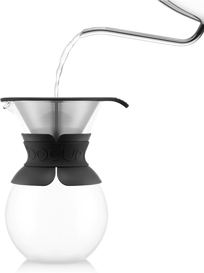 Bodum 34oz Pour Over Coffee Maker, High-Heat Borosilicate Glass with Reusable Stainless Steel Filter and Black Band Grip - Made in Portugal