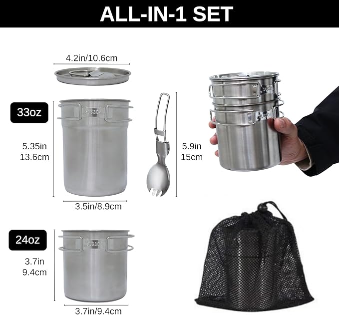 BeGrit Camping Cups Mugs Stainless Steel Camping Pot Food Grade Metal Camping Cookware with Folding Spoon, Vented Lids