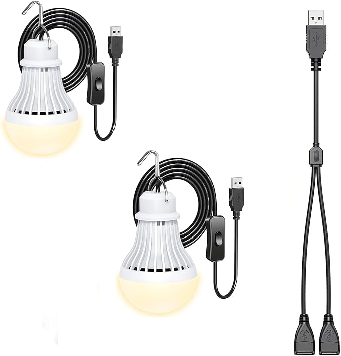 2 Pack USB LED Camping Lantern, 8.2 ft Extra Length Cord Tent Light with USB Y-Cable, Portable LED Bulb for Garage, Warehouse, Car, Truck, Fishing Boat, Room, Emergency Light, Warm